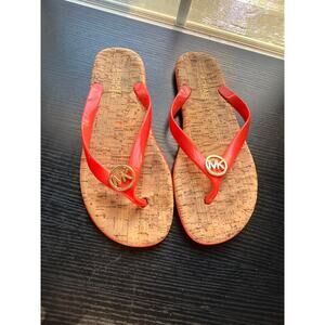 Michael Kors Jelly Flip Flops Red Cork Footbed Gold MK Logo Women’s 7.5 Sandals